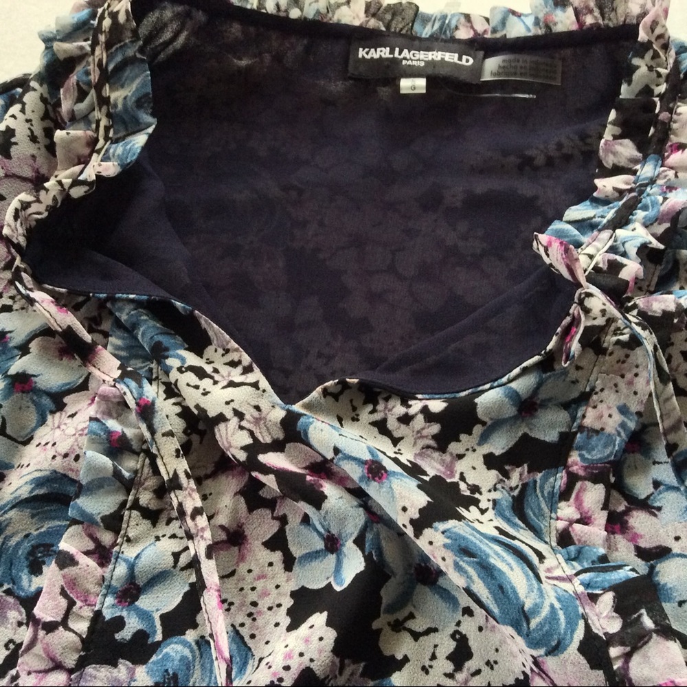 KARL LAGERFELD FLORAL TIE NECKLINE BLOUSE LARGE NWOT - Picture 6 of 8